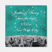 Etched NYC Skyline 2 Blauwgroen Gold Star Save Dat Magneet (Voorkant)