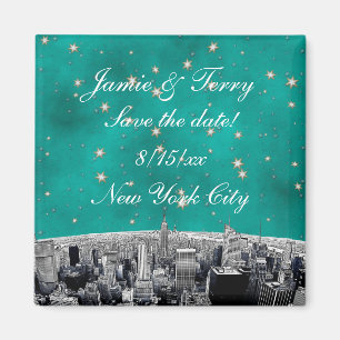 Etched NYC Skyline 2 Blauwgroen Gold Star Save Dat Magneet