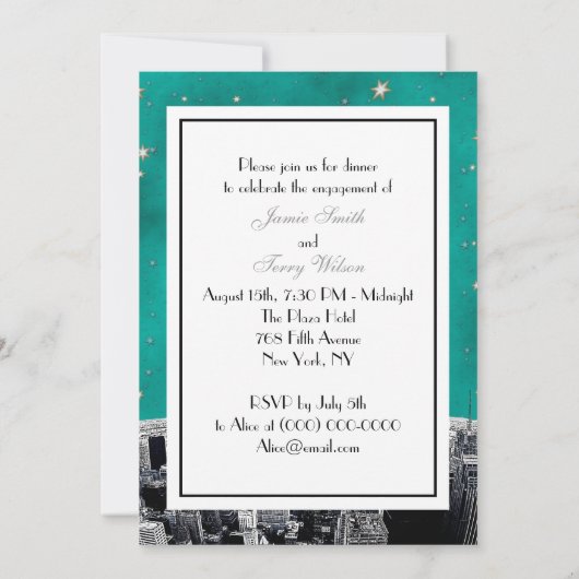 Etched NYC Skyline 2 Blauwgroen Gold Star V Verlov Kaart (Achterkant)