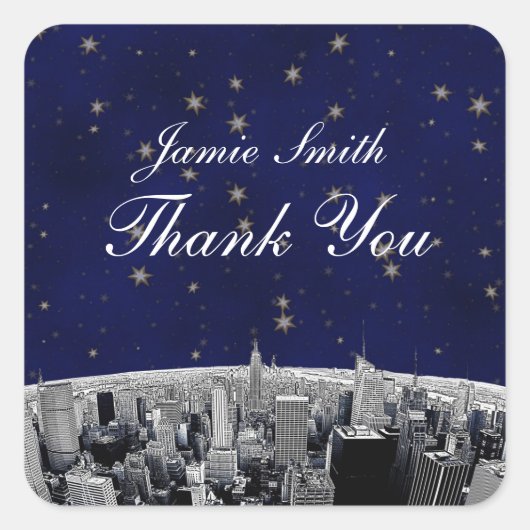Etched NYC Skyline 2 Blue Gold Star Dank u Vierkante Sticker (Voorkant)