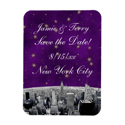 Etched NYC Skyline 2 Paars Gold Star Save Date Magneet (Verticaal)