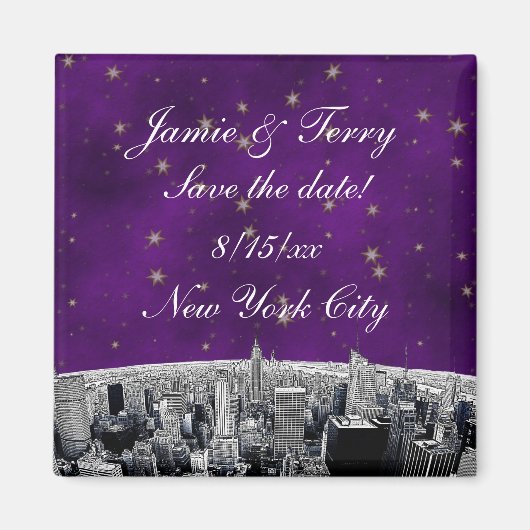Etched NYC Skyline 2 Paars Gold Star Save Date Magneet (Voorkant)