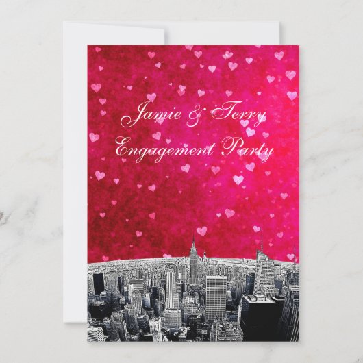 Etched NYC Skyline #2 Roze Red Heart Verloving V Kaart (Voorkant)