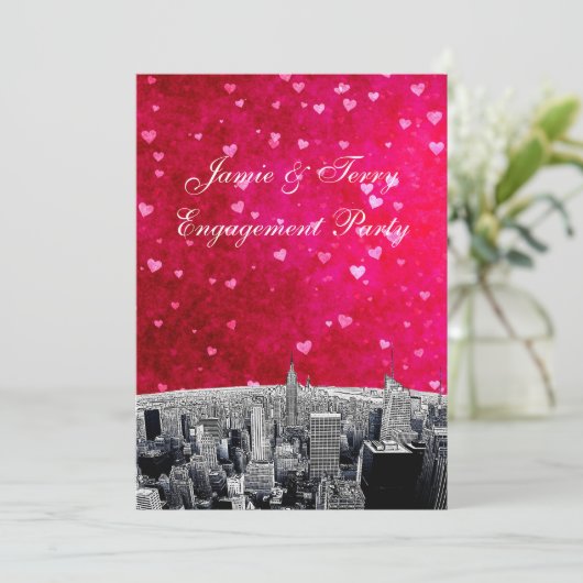 Etched NYC Skyline #2 Roze Red Heart Verloving V Kaart (Staand voorkant)