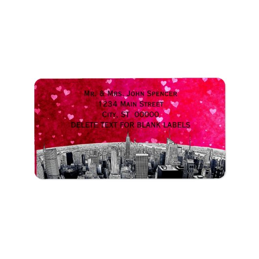 Etched NYC Skyline #2 Roze rood hart H Adres Etiket (Voorkant)