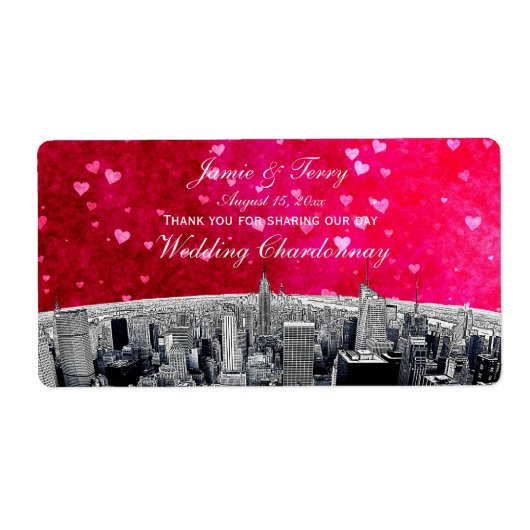 Etched NYC Skyline #2 Roze rood hart H Wijnlabel Etiket (Voorkant)