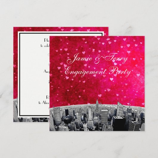 Etched NYC Skyline #2 Roze Rood Hart Verloving Kaart (Voorkant / Achterkant)