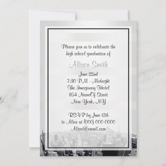 Etched NYC Skyline 2 White BG Blu Ribbn Afstuderen Kaart (Achterkant)