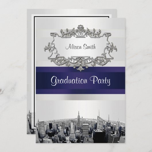Etched NYC Skyline 2 White BG Blu Ribbn Afstuderen Kaart (Voorkant / Achterkant)