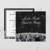 Etched NYC Skyline 2 Zwart Gouden Ster Sweet 16 Kaart (Voorkant / Achterkant)