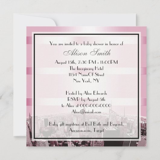 Etched NYC Skyline 2 Zwart Roze Baby shower Kaart (Achterkant)