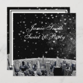 Etched NYC Skyline #2 Zwart Wit Hart Sweet 16 Kaart (Voorkant / Achterkant)