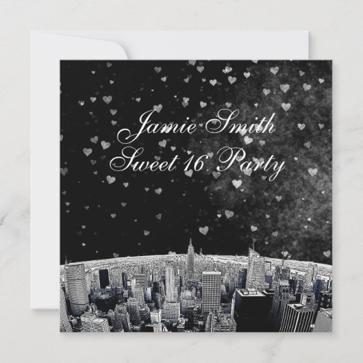 Etched NYC Skyline #2 Zwart Wit Hart Sweet 16 Kaart (Voorkant)
