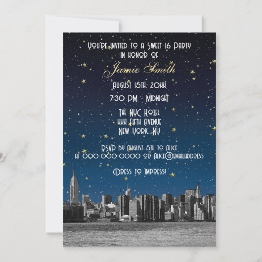 Etched NYC Skyline #3 Starry Blu Sunset Sweet 16 V Kaart (Voorkant)