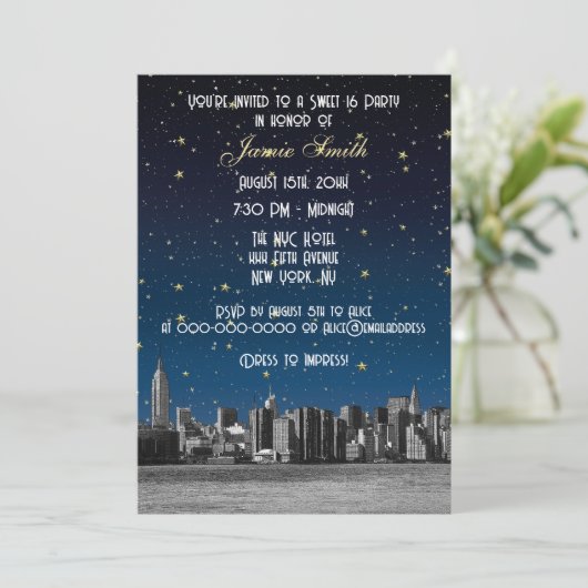 Etched NYC Skyline #3 Starry Blu Sunset Sweet 16 V Kaart (Staand voorkant)