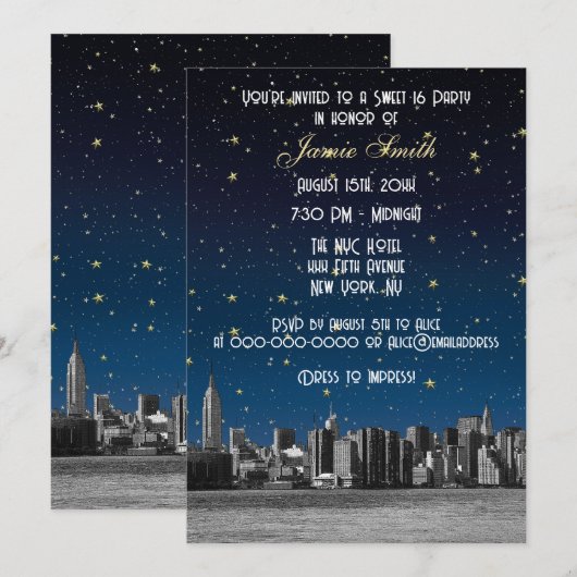 Etched NYC Skyline #3 Starry Blu Sunset Sweet 16 V Kaart (Voorkant / Achterkant)