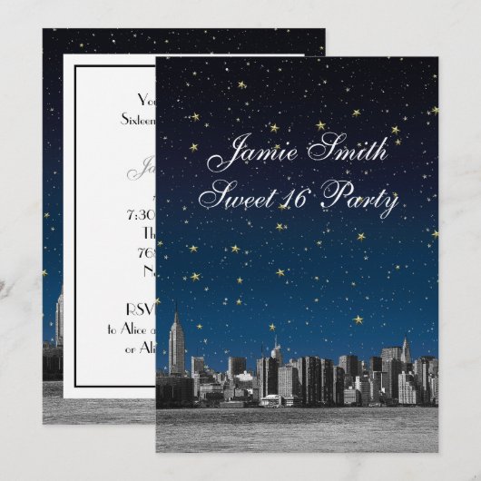Etched NYC Skyline #3 Starry Blu Sunset Sweet 16 V Kaart (Voorkant / Achterkant)