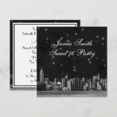 Etched NYC Skyline #3 Zwart Goud Ster Sweet 16 Kaart (Voorkant / Achterkant)