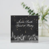 Etched NYC Skyline #3 Zwart Goud Ster Sweet 16 Kaart (Staand voorkant)