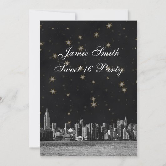 Etched NYC Skyline #3 Zwart Goud Ster Sweet 16 V Kaart (Voorkant)