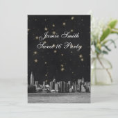 Etched NYC Skyline #3 Zwart Goud Ster Sweet 16 V Kaart (Staand voorkant)