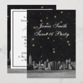 Etched NYC Skyline #3 Zwart Goud Ster Sweet 16 V Kaart (Voorkant / Achterkant)