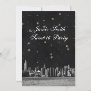 Etched NYC Skyline #3 Zwart Goud Ster Sweet 16 V Kaart