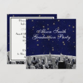 Etched NYC Skyline Blue Gold Star White Afstuderen Kaart (Voorkant / Achterkant)