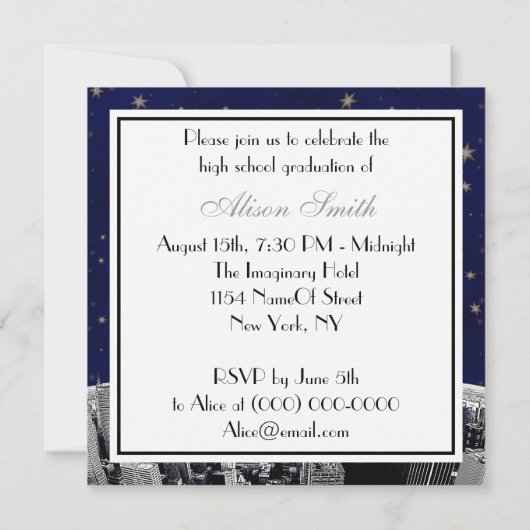 Etched NYC Skyline Blue Gold Star White Afstuderen Kaart (Achterkant)