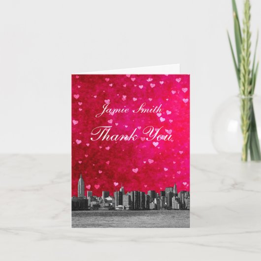 Etched NYC Skyline Hot Pink Red Heart Hartelijk da Bedankkaart (Voorkant)