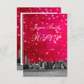 Etched NYC Skyline Hot Pink Red Heart RSVP Menu (Voorkant / Achterkant)