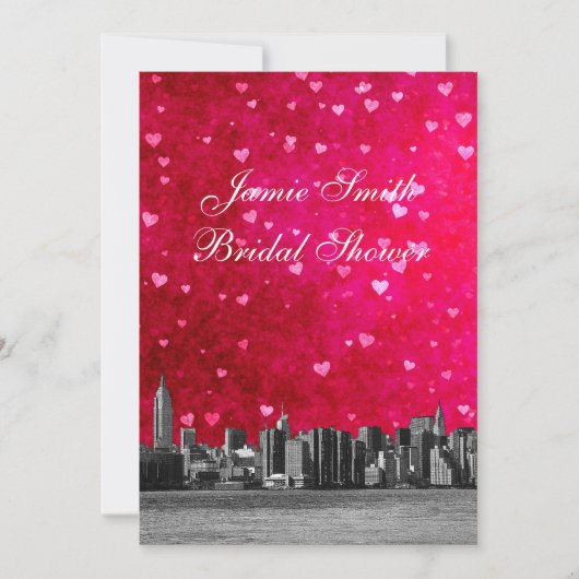 Etched NYC Skyline Hot Pnk Red HRT Vrijgezellenfee Kaart (Voorkant)