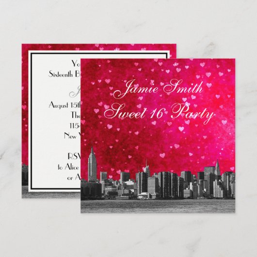 Etched NYC Skyline Hot Roze Rood Hart Sweet 16 Kaart (Voorkant / Achterkant)