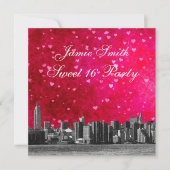 Etched NYC Skyline Hot Roze Rood Hart Sweet 16 Kaart (Voorkant)
