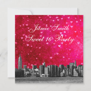 Etched NYC Skyline Hot Roze Rood Hart Sweet 16 Kaart