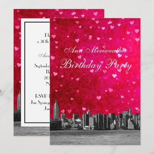 Etched NYC Skyline Hot Roze Rood Hart Verjaardag V Kaart (Voorkant / Achterkant)