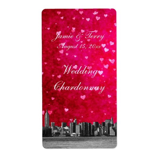 Etched NYC Skyline Hot Roze Rood Hart Wijn Label (Voorkant)