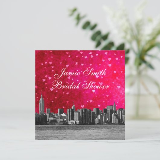 Etched NYC Skyline Hot Roze Rood HRT Vrijgezellenf Kaart (Staand voorkant)