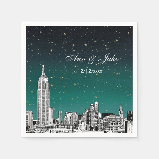 Etched NYC Skyline Shades of Blauwgroen Starry Wed Servet (Voorkant)