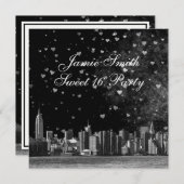 Etched NYC Skyline Zwart BG Wit Hart Sweet 16 Kaart (Voorkant / Achterkant)