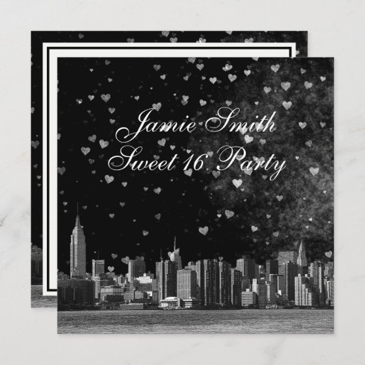 Etched NYC Skyline Zwart BG Wit Hart Sweet 16 Kaart (Voorkant / Achterkant)