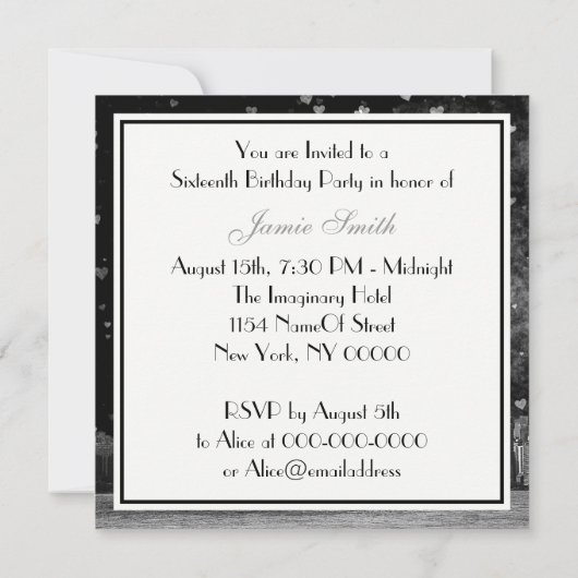 Etched NYC Skyline Zwart BG Wit Hart Sweet 16 Kaart (Achterkant)