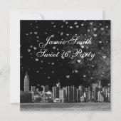 Etched NYC Skyline Zwart BG Wit Hart Sweet 16 Kaart (Voorkant)