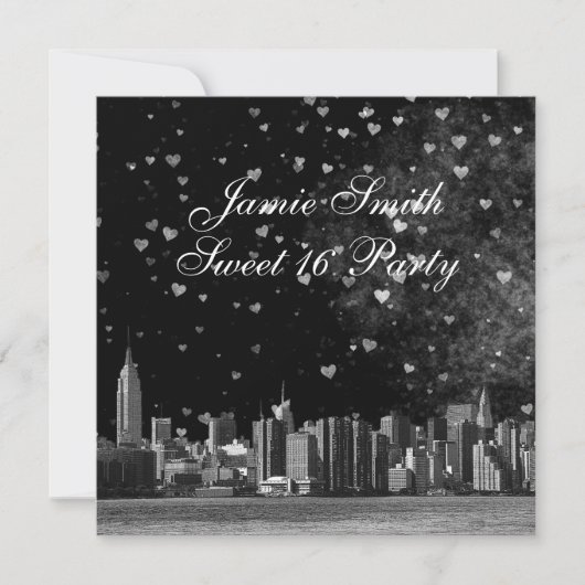 Etched NYC Skyline Zwart BG Wit Hart Sweet 16 Kaart (Voorkant)