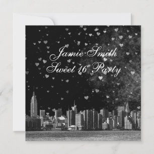 Etched NYC Skyline Zwart BG Wit Hart Sweet 16 Kaart