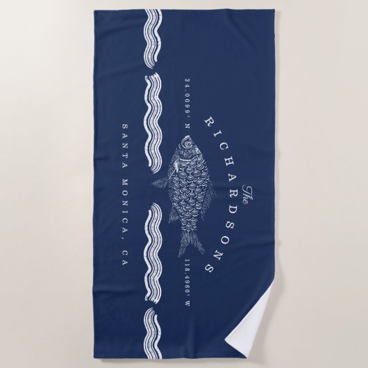 Etched Style Fish, Waves Ocean Coordinates Strandlaken (Voorkant)