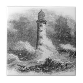 Etching van zwarte en witte vuurtoren tegeltje