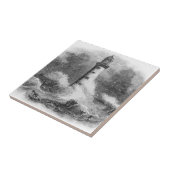 Etching van zwarte en witte vuurtoren tegeltje (Zijkant)