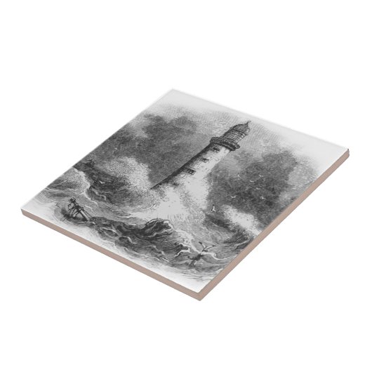 Etching van zwarte en witte vuurtoren tegeltje (Zijkant)