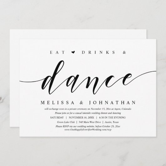 Eten, Drinken en Dansen, Trouw Elopement Feest Kaart (Voorkant / Achterkant)